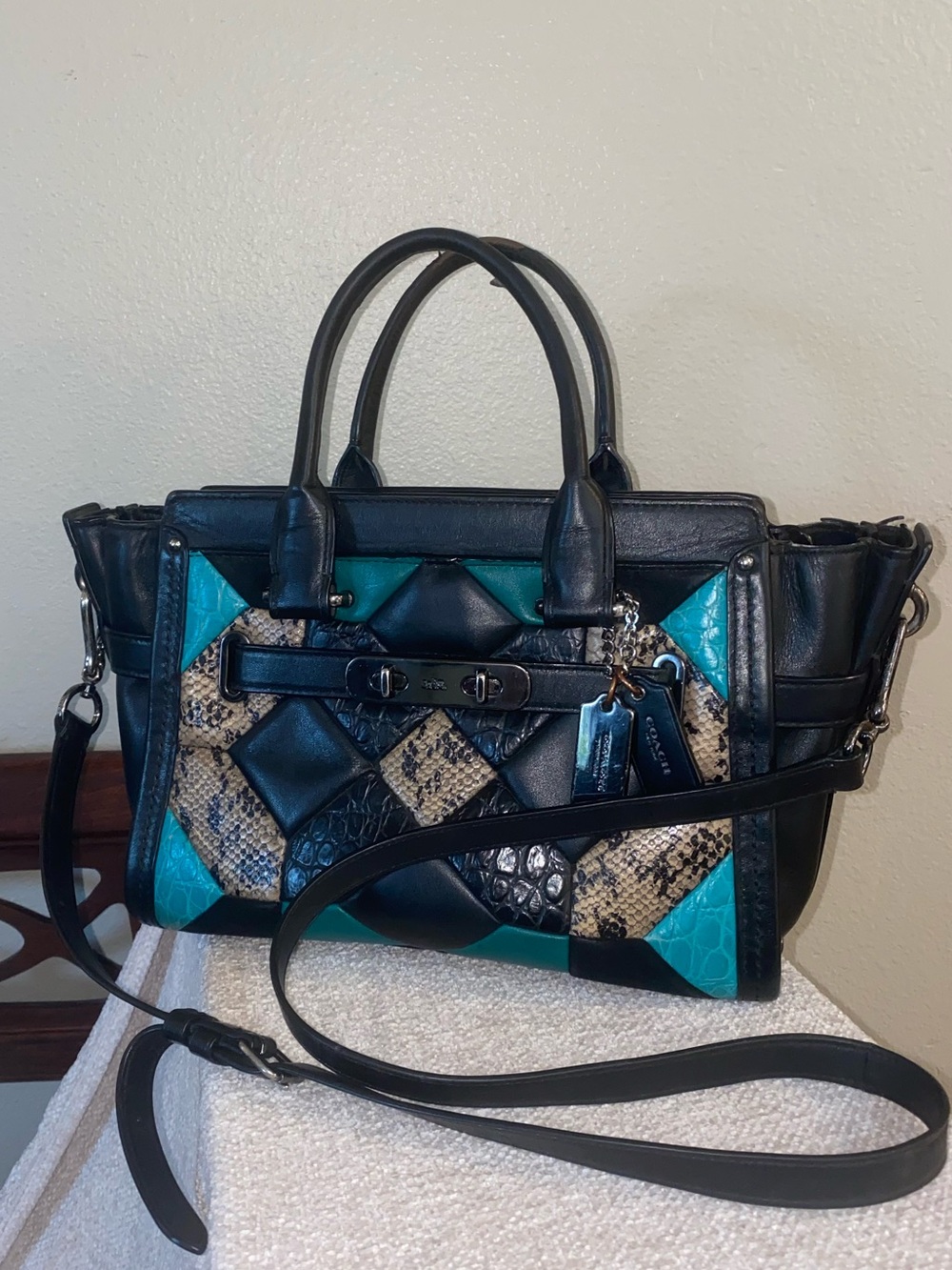 Coach Swagger 27 Carryall Quilt Leather Satchel Crossbody Bag Black Turquoise